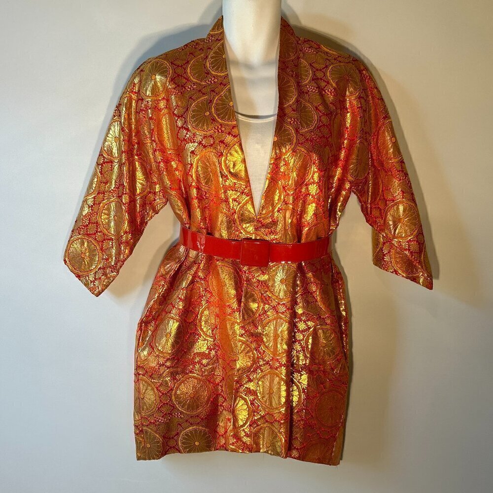 Shopping International Vintage Gold Metallic & Red Print Kimono Unique Chic Boho